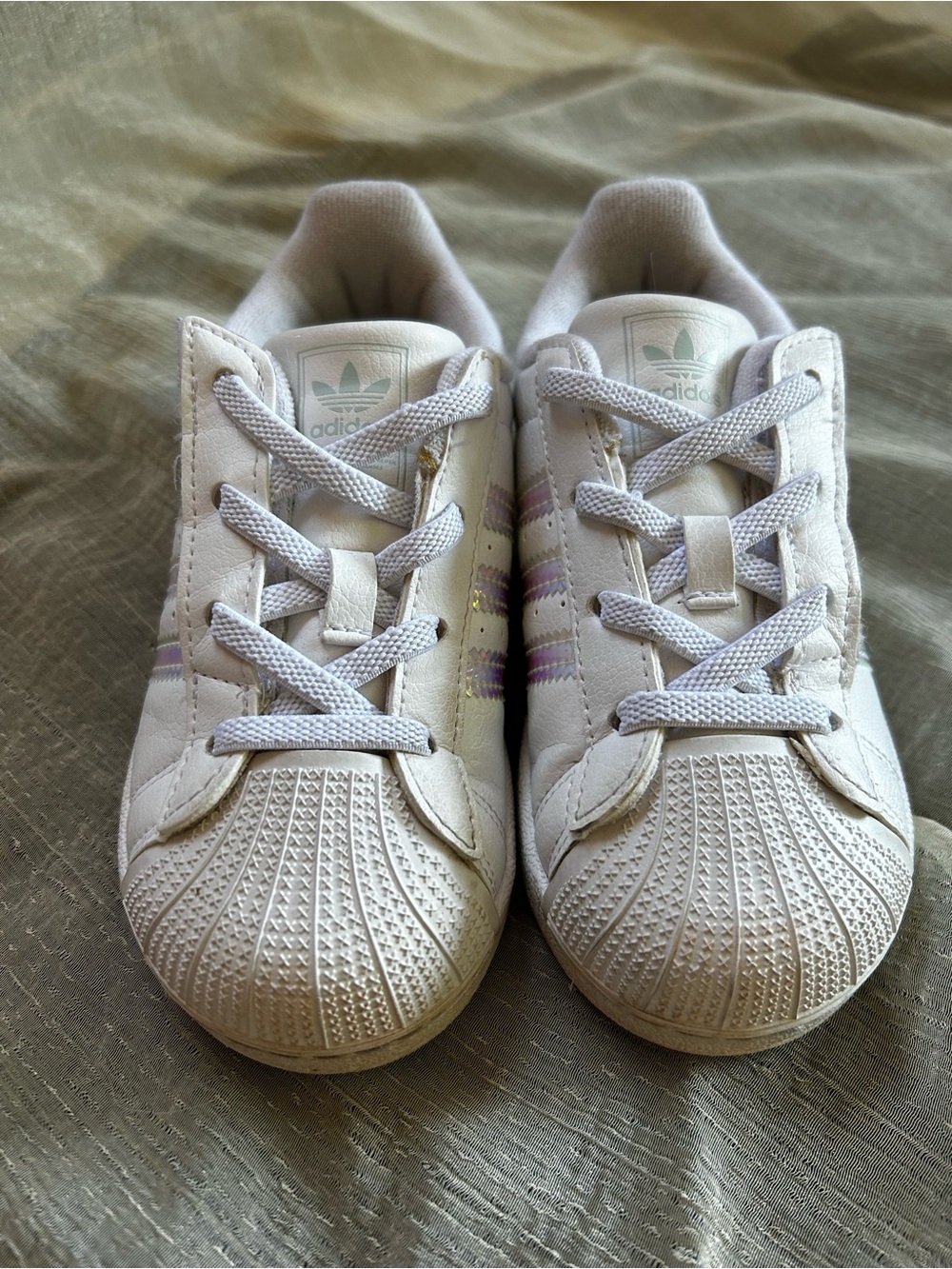 adidas Kids White Sneakers with Pastel Purple & Gold Stripes